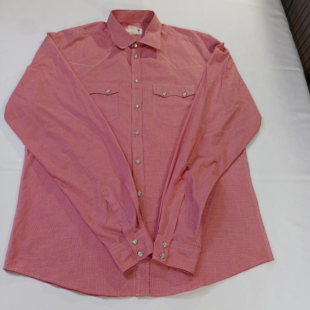Jared M Custom Clothing Men's Red Cotton Plaid Snap Button Dress Shirt Sz Large